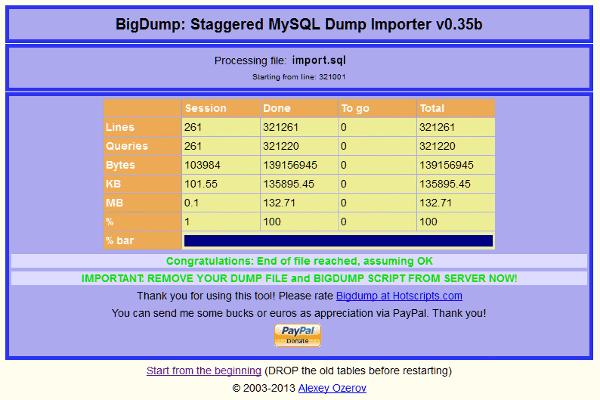 BigDump Improt Success